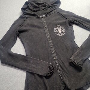 Affliction Simulation Hoodie Small Black Thermal Button Down Waffle Knit Y2K